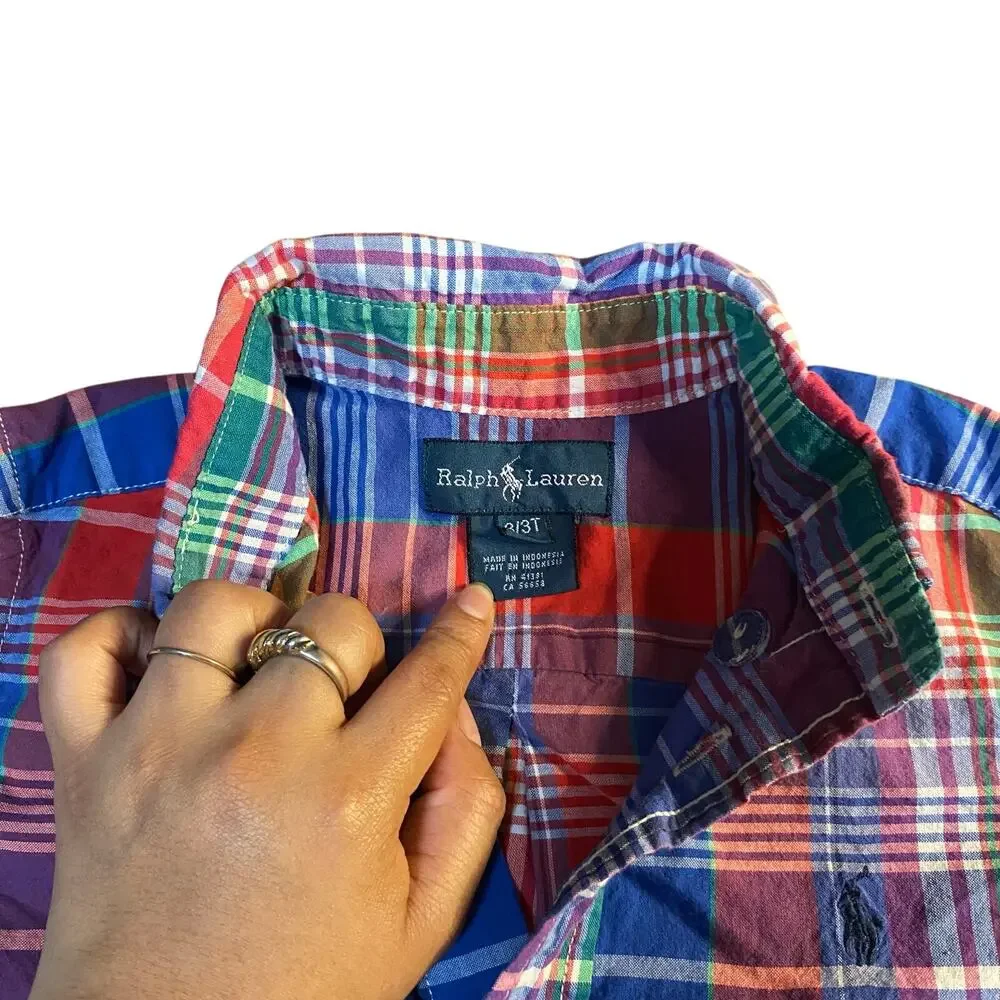 Ralph Lauren red blue plaid long sleeve button‎ up boys shirt SIZE 3T